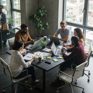 Fünf Personen besprechen Unterlagen und Laptops an einem Bürotisch