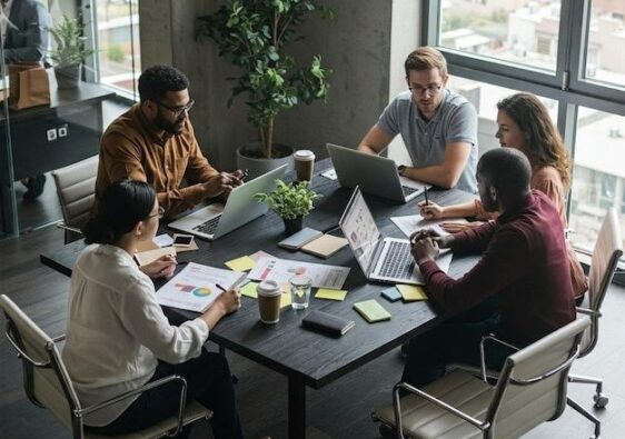 Fünf Personen besprechen Unterlagen und Laptops an einem Bürotisch